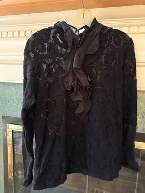 Anne Fontaine Black Lace Ruffle Neck Blouse